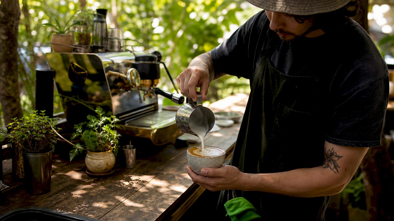 Barista pouring oat milk into espresso latte