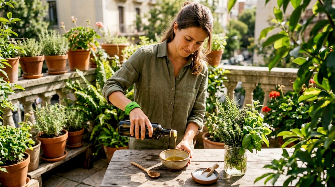 Nutritionist pouring cold pressed oil in kitchen