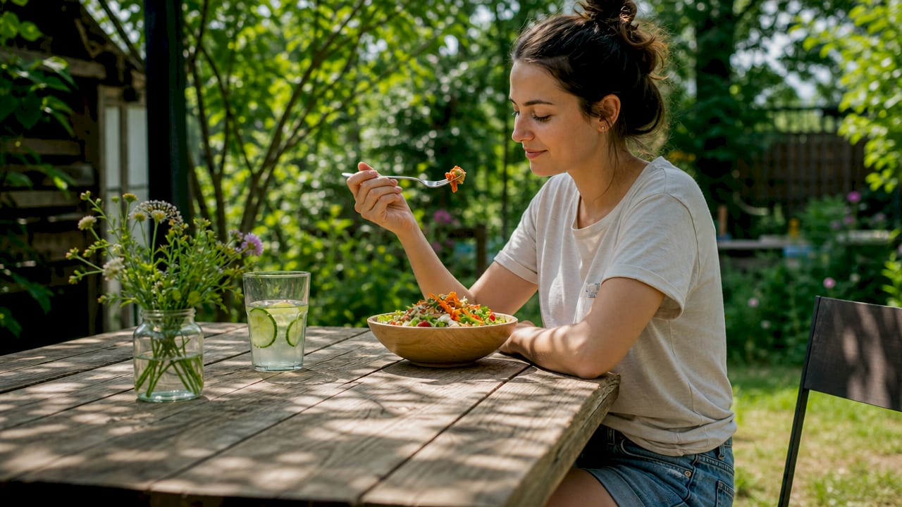 Woman practicing mindful eating at home