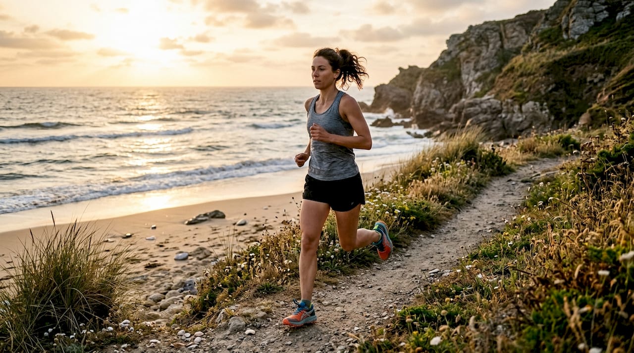 Woman jogging on forest trail in sunlight