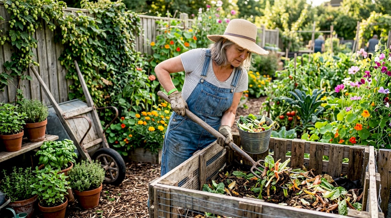 Woman adding scraps to home compost bin