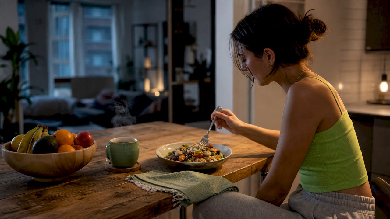 Woman eating plant-based healthy dinner