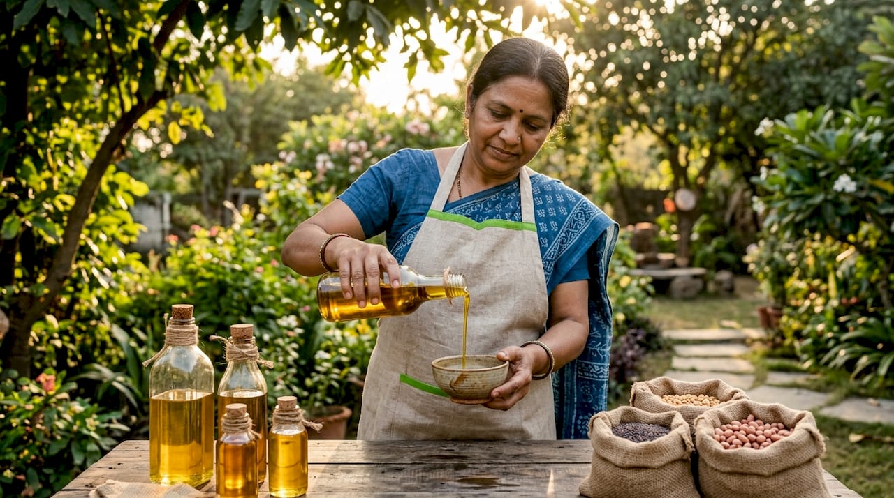 Woman pouring cold pressed mustard oil at rustic kitchen