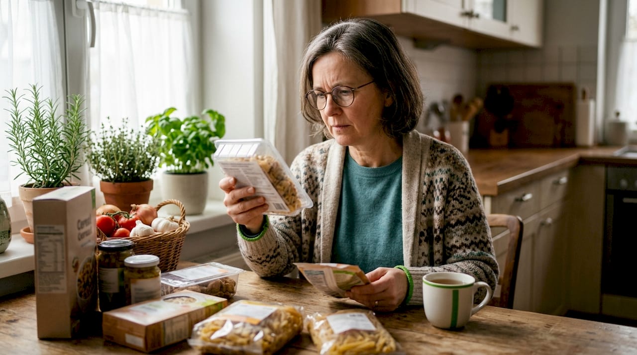 Woman reading food labels in home kitchen