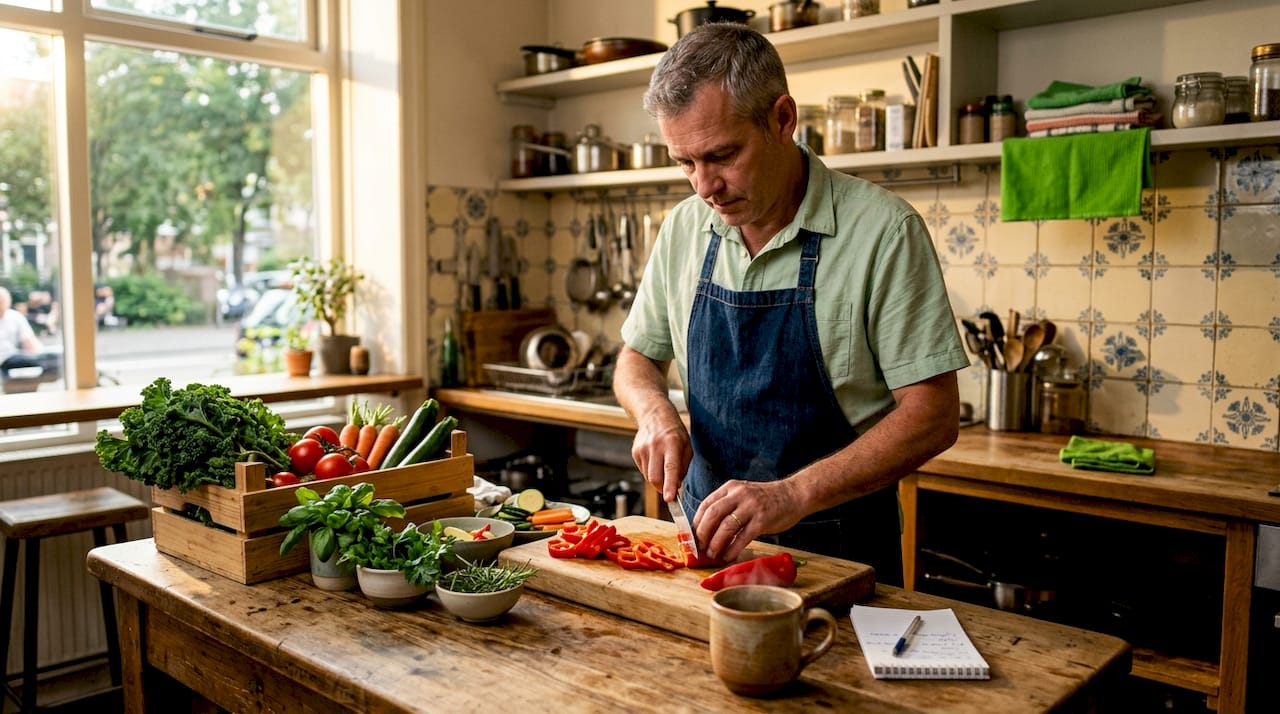 Man preparing healthy meal in kitchen