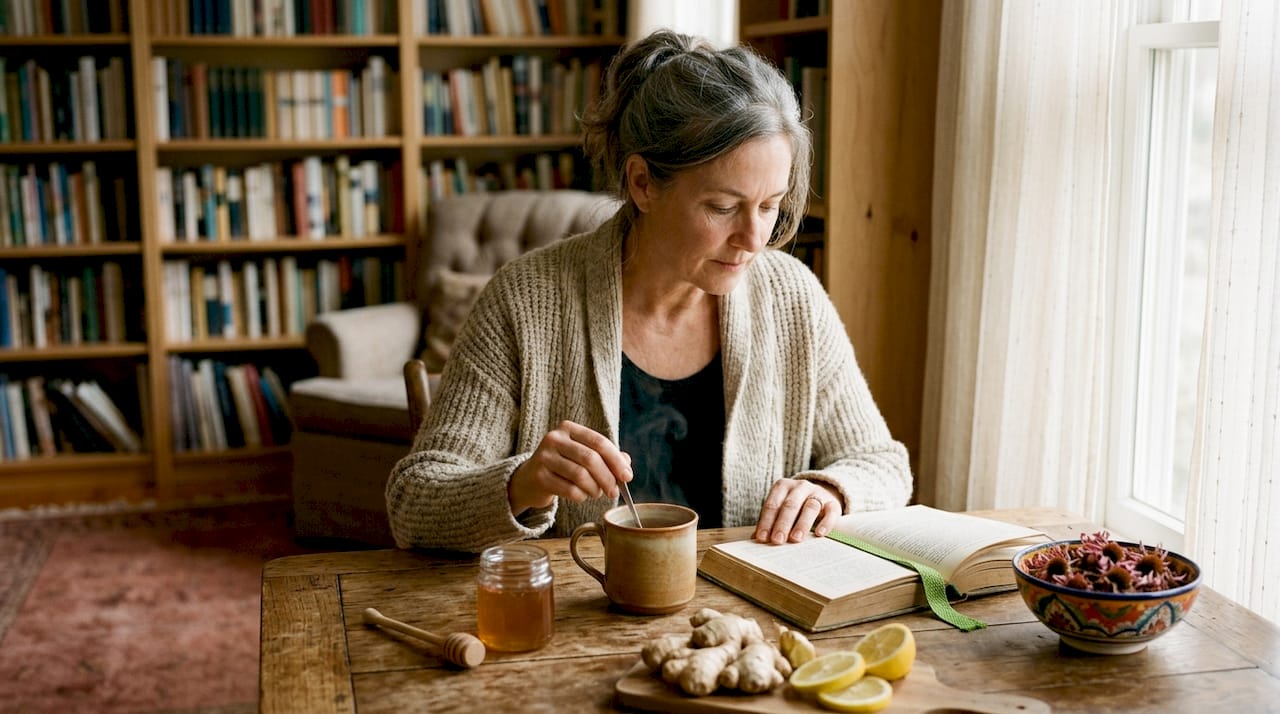 Woman preparing natural tea remedies for cold