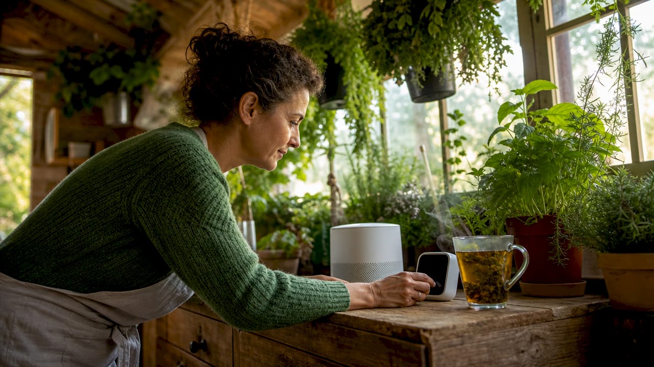 Woman checking air quality monitor in home kitchen