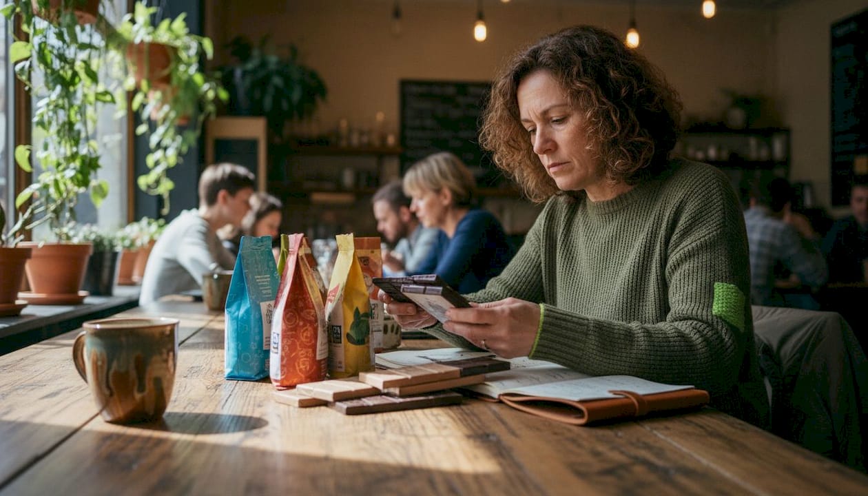 Woman examining fair trade products at kitchen table