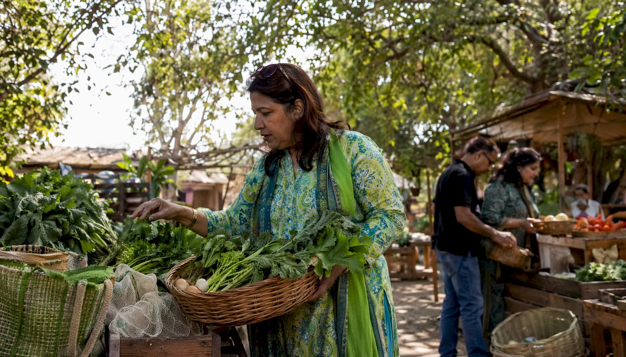 Shopper selecting pesticide-free vegetables at market