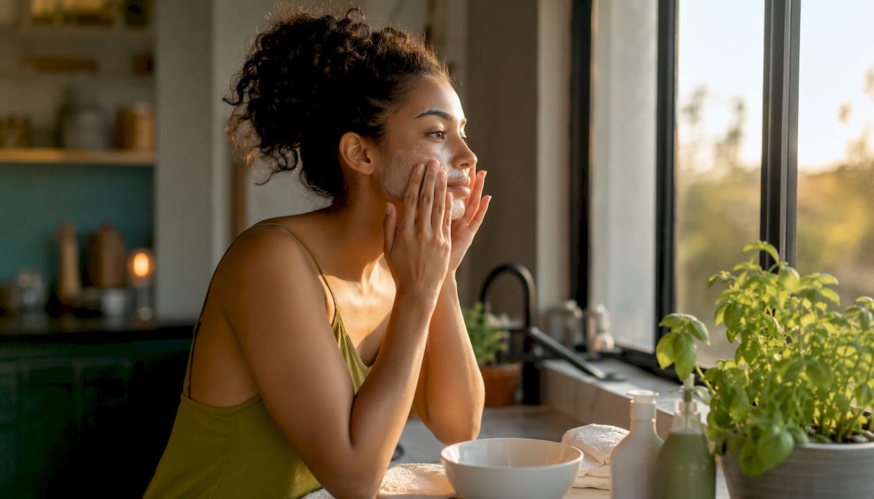 Woman applying cleanser in minimalist bathroom
