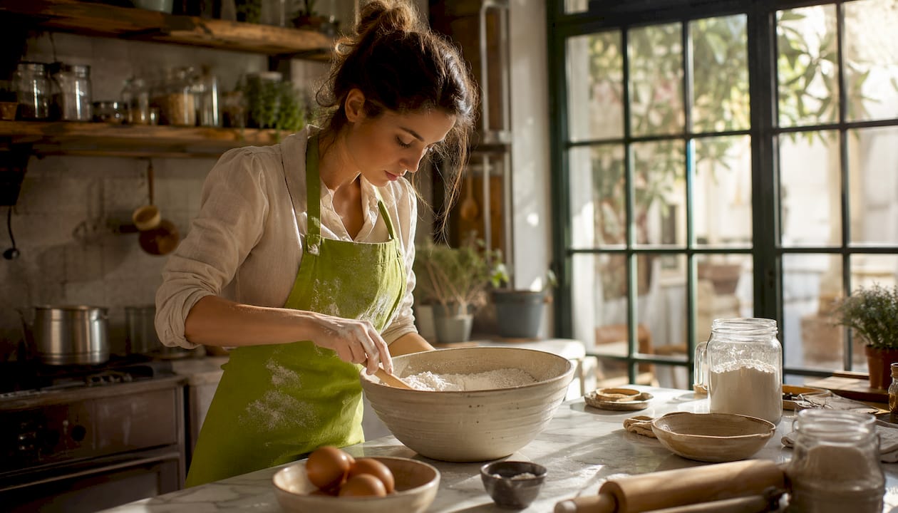 Baker mixing gluten free organic flour at home kitchen