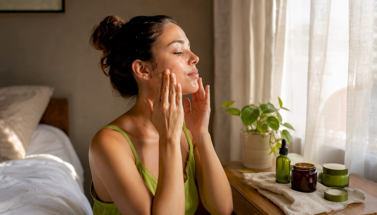 Woman practicing slow beauty skincare ritual