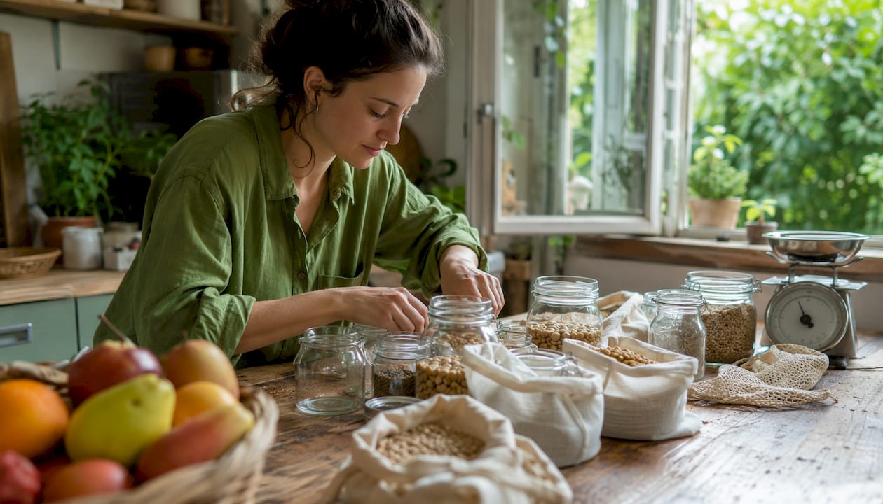 Woman arranging zero waste kitchen containers