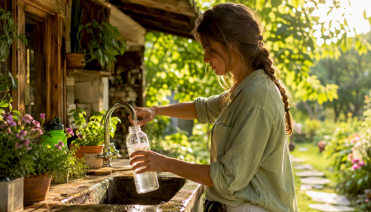 Woman filling water bottle in kitchen