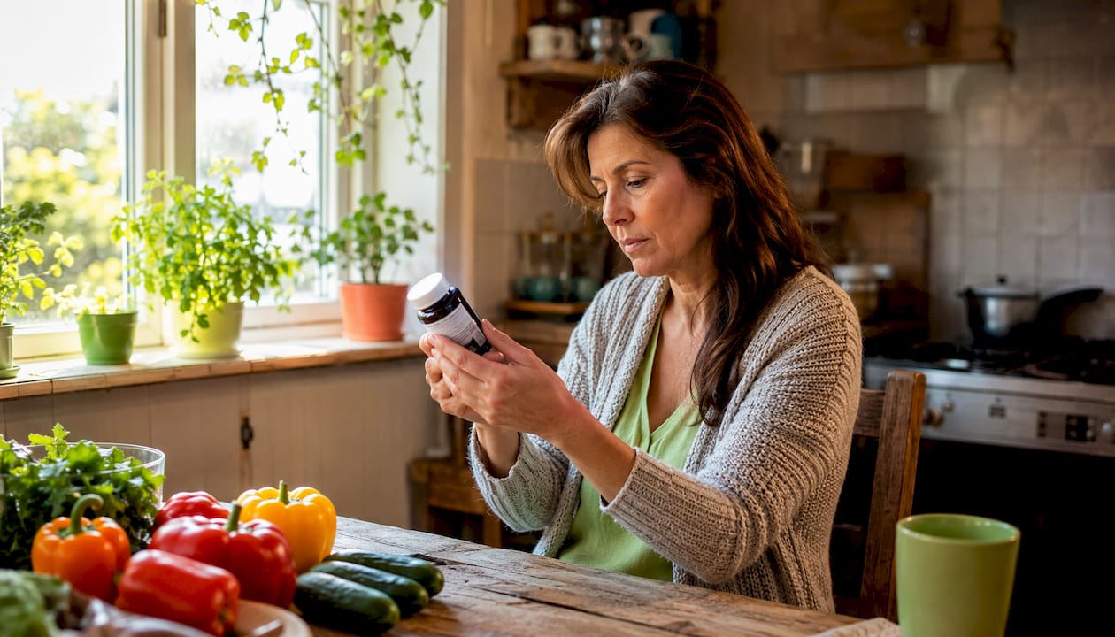 Woman reading probiotic supplement label in kitchen