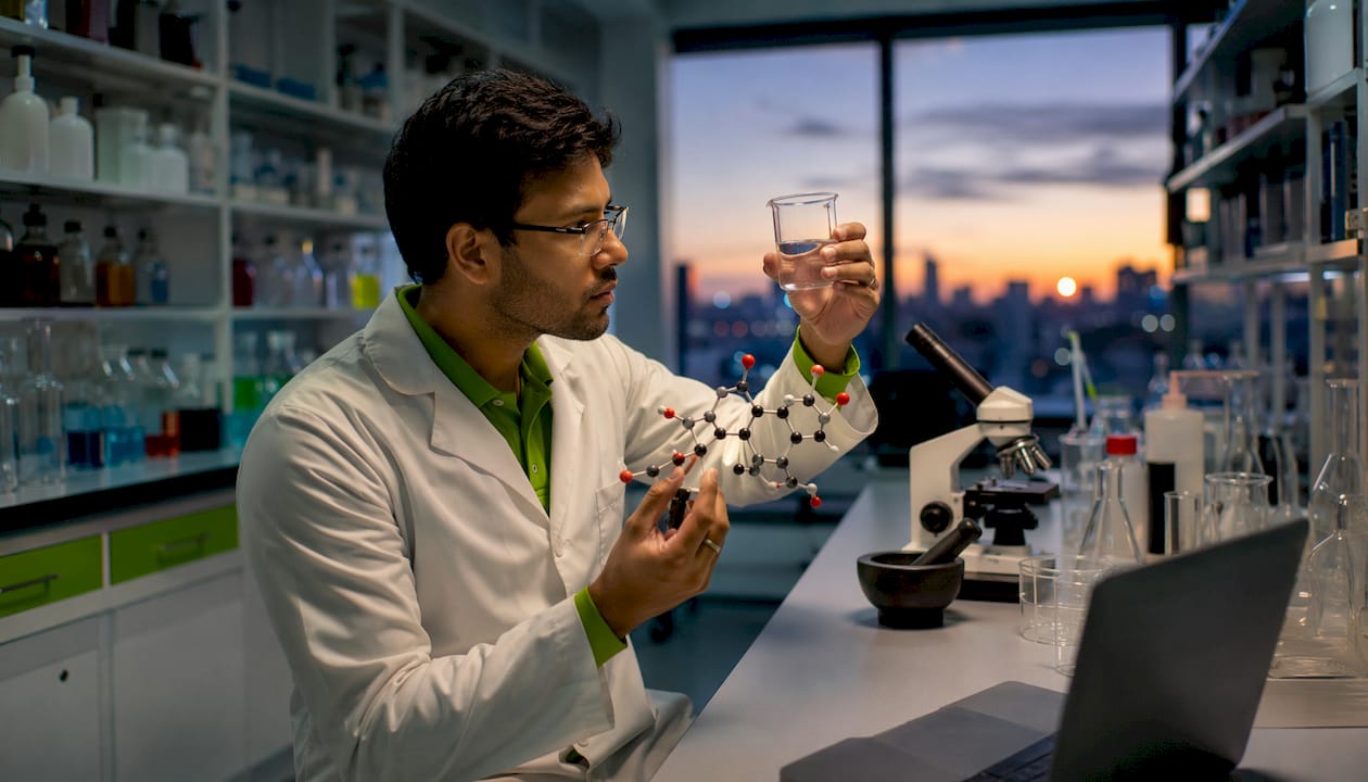 Scientist examining paraben chemical model
