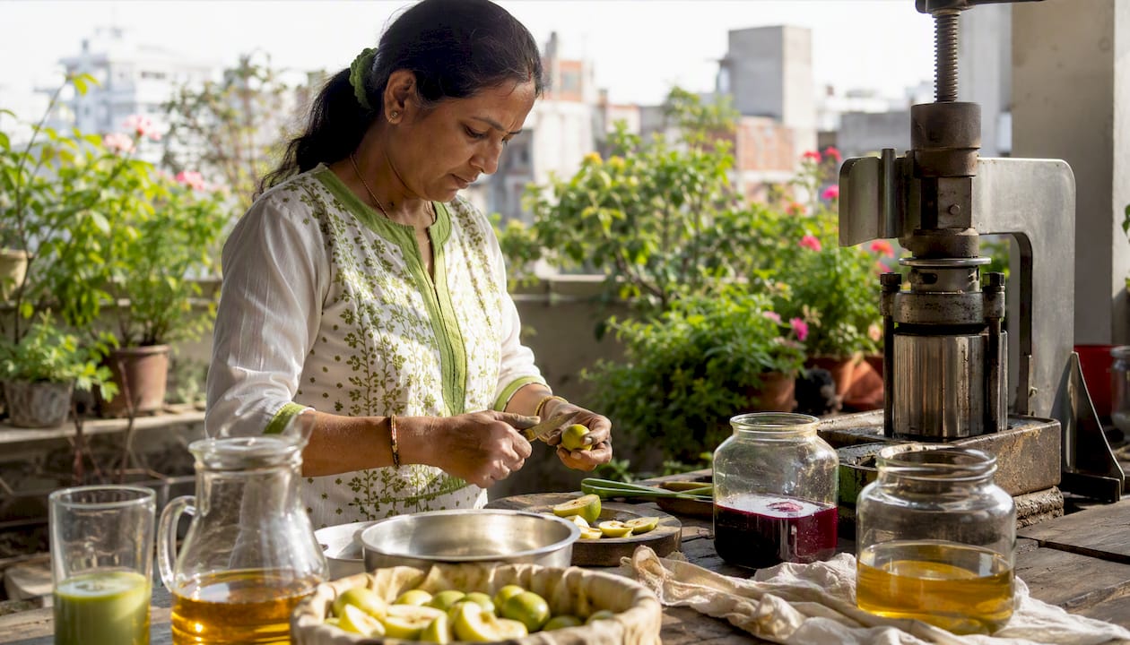 Woman preparing cold pressed juice and oil