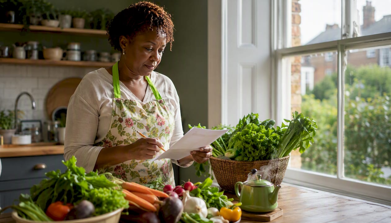 Woman reviewing organic shopping checklist