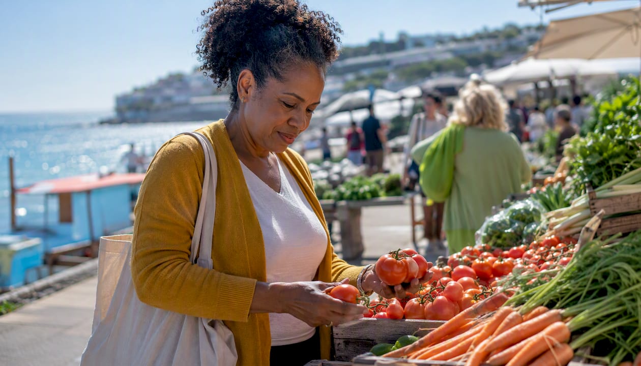 Woman selecting non-GMO fresh produce outdoors
