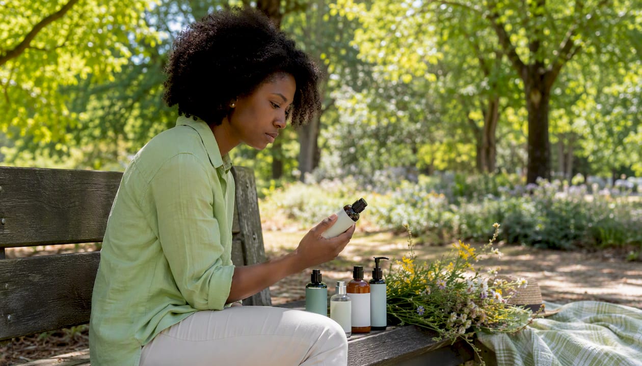 Woman examining organic skincare product labels