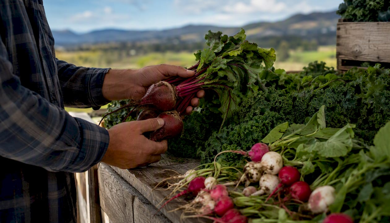 Hands inspecting fresh organic vegetables outdoors