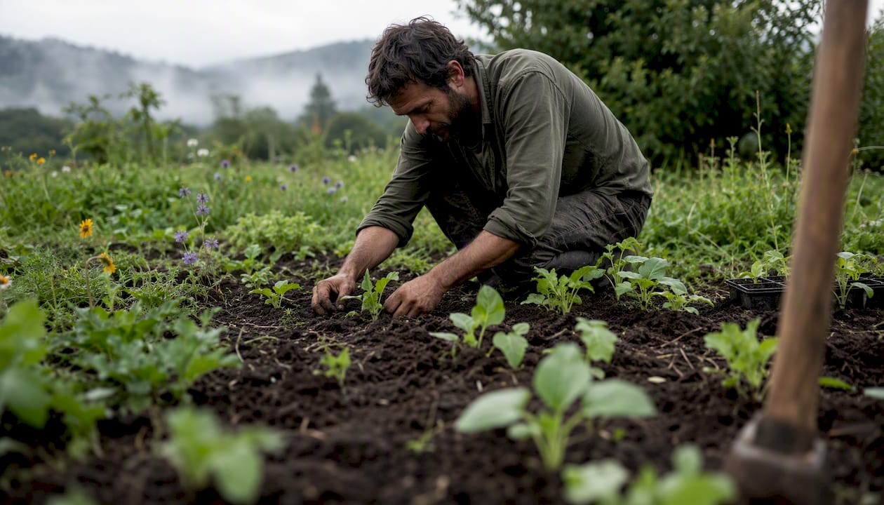 Farmer planting seedlings in organic soil