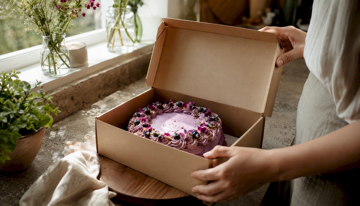 Fresh dairy-free cake being unboxed