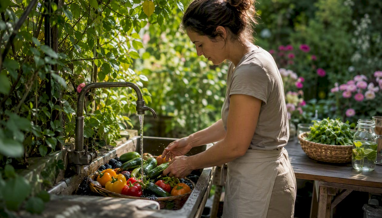 Hands washing organic fruits and vegetables
