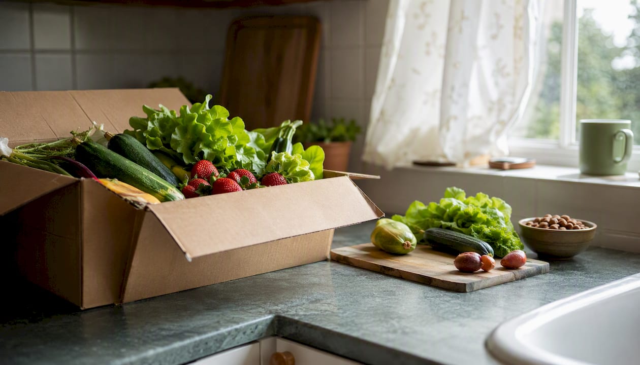 Open delivery box with fresh organic produce