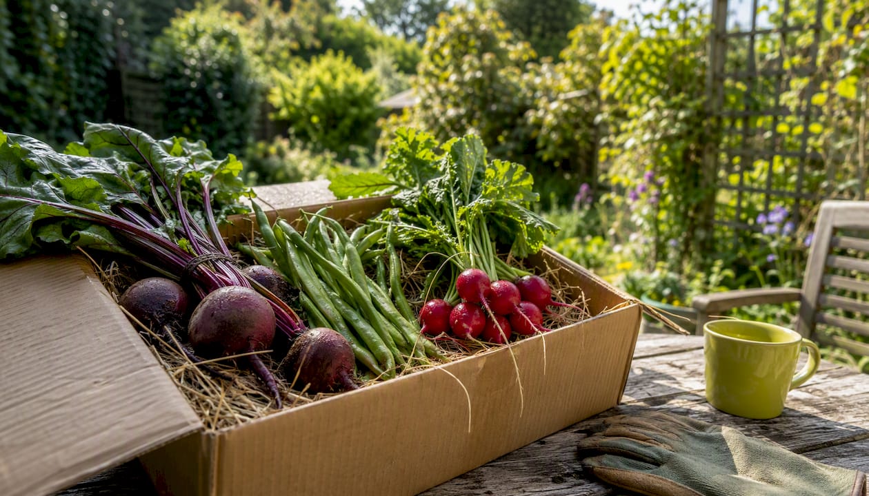 Open box of fresh organic vegetables on doorstep