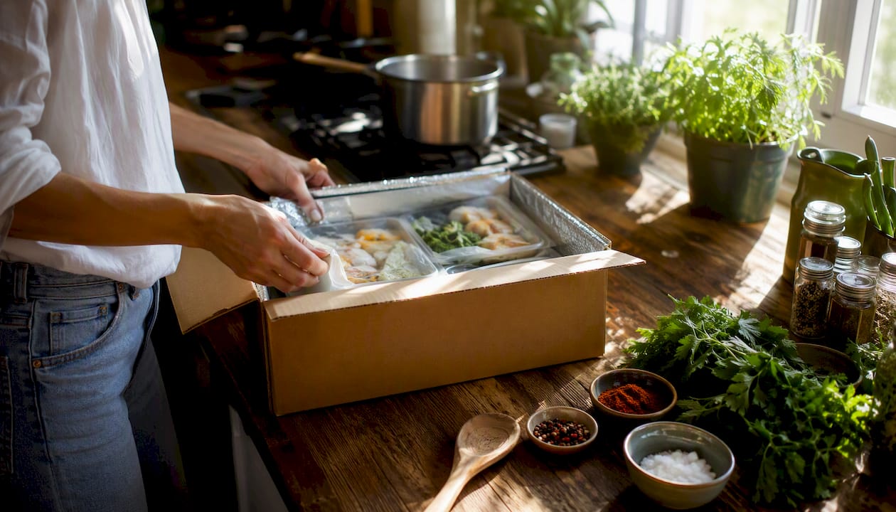 Unpacking gluten-free meal delivery box in kitchen
