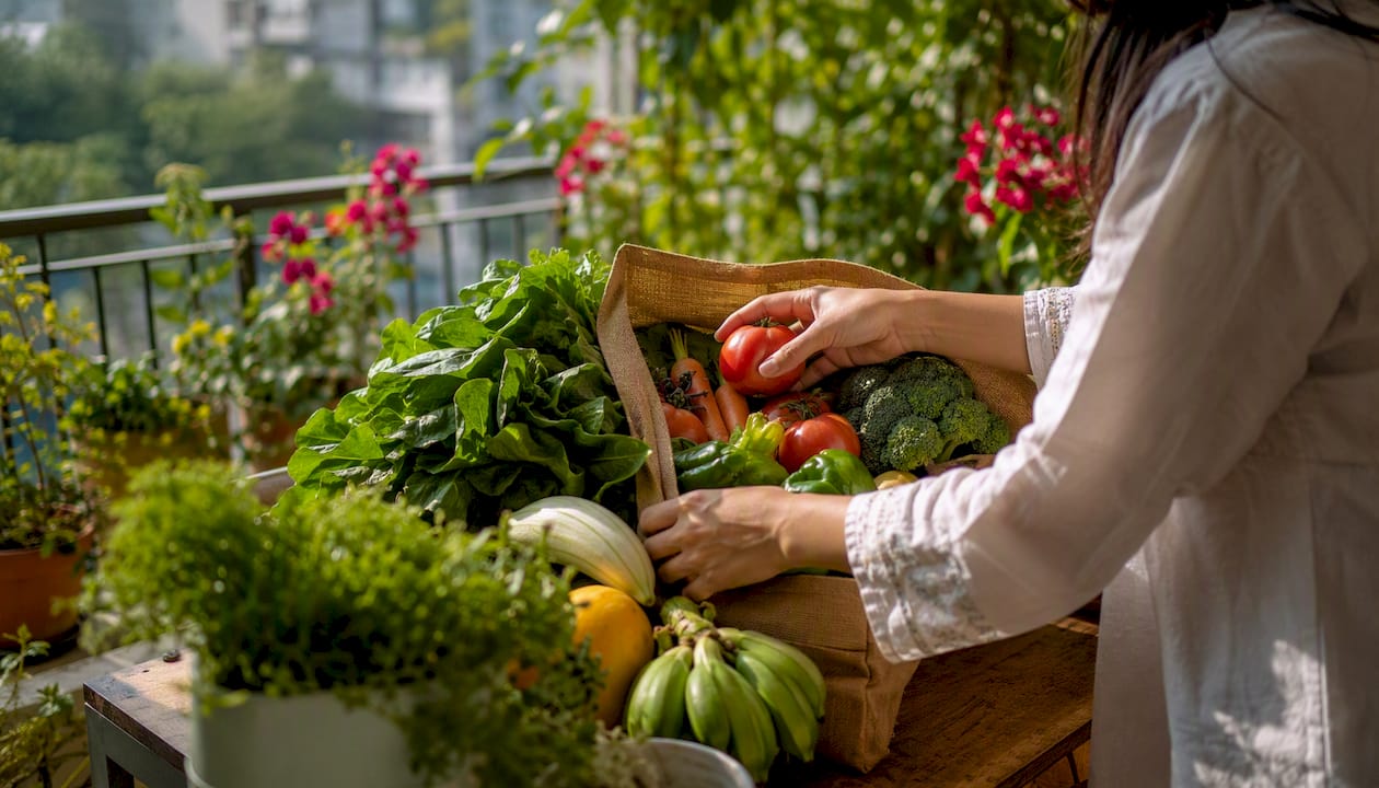 Hands unpacking organic produce box