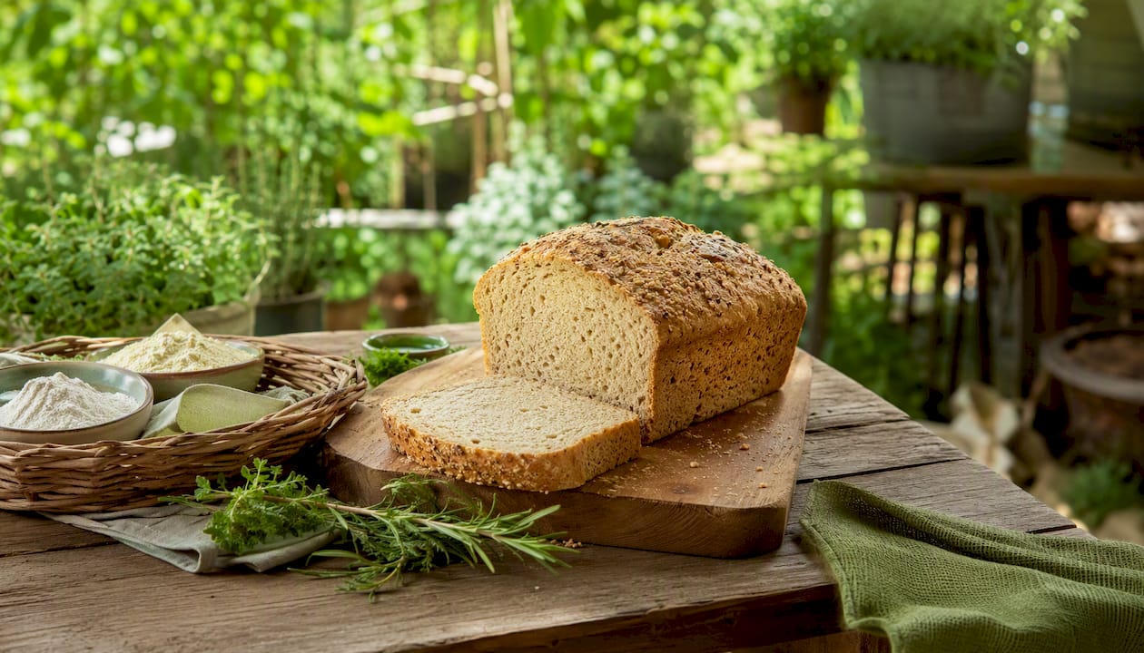 Sliced gluten-free bread loaf on wooden board