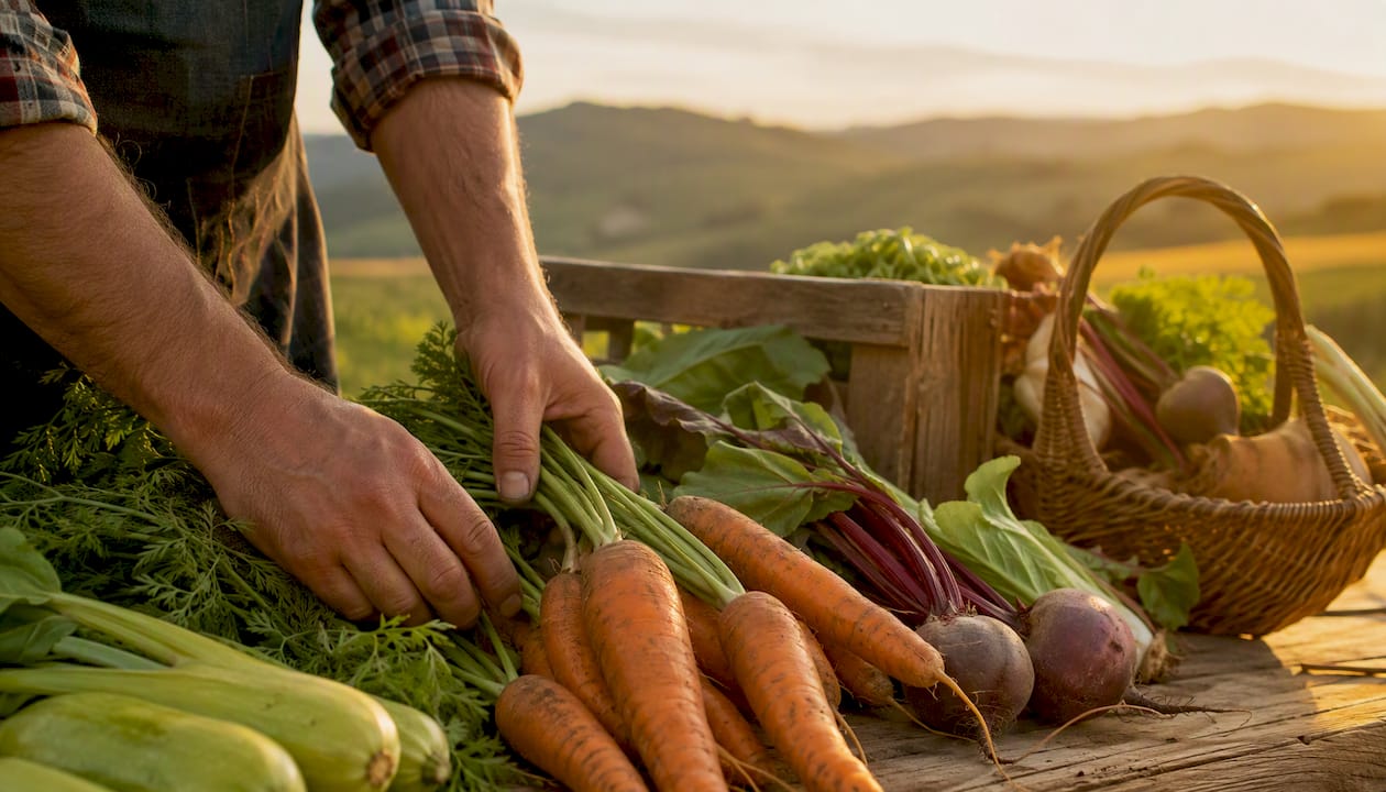 Hands sorting organic vegetables on farm table