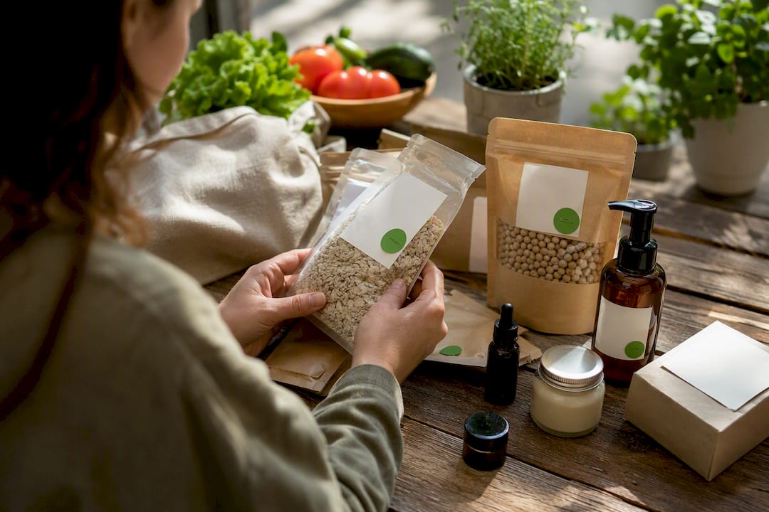 Hands holding products showing organic labels