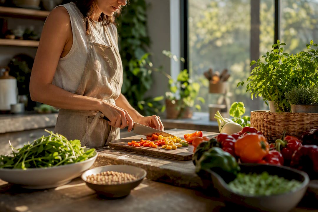 Hands chopping fresh vegetables in kitchen