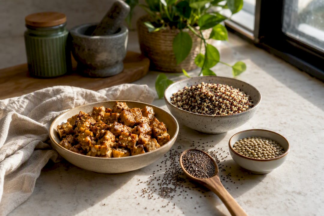 Assortment of complete vegan protein foods
