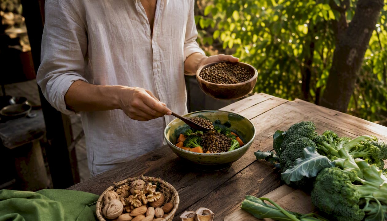 Hands scooping lentils for vegan protein meal