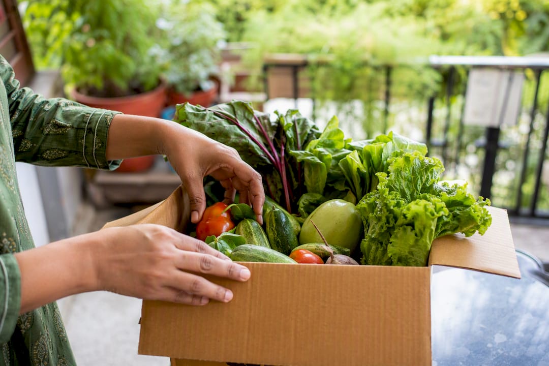 Hands unpacking fresh vegetable box at doorstep