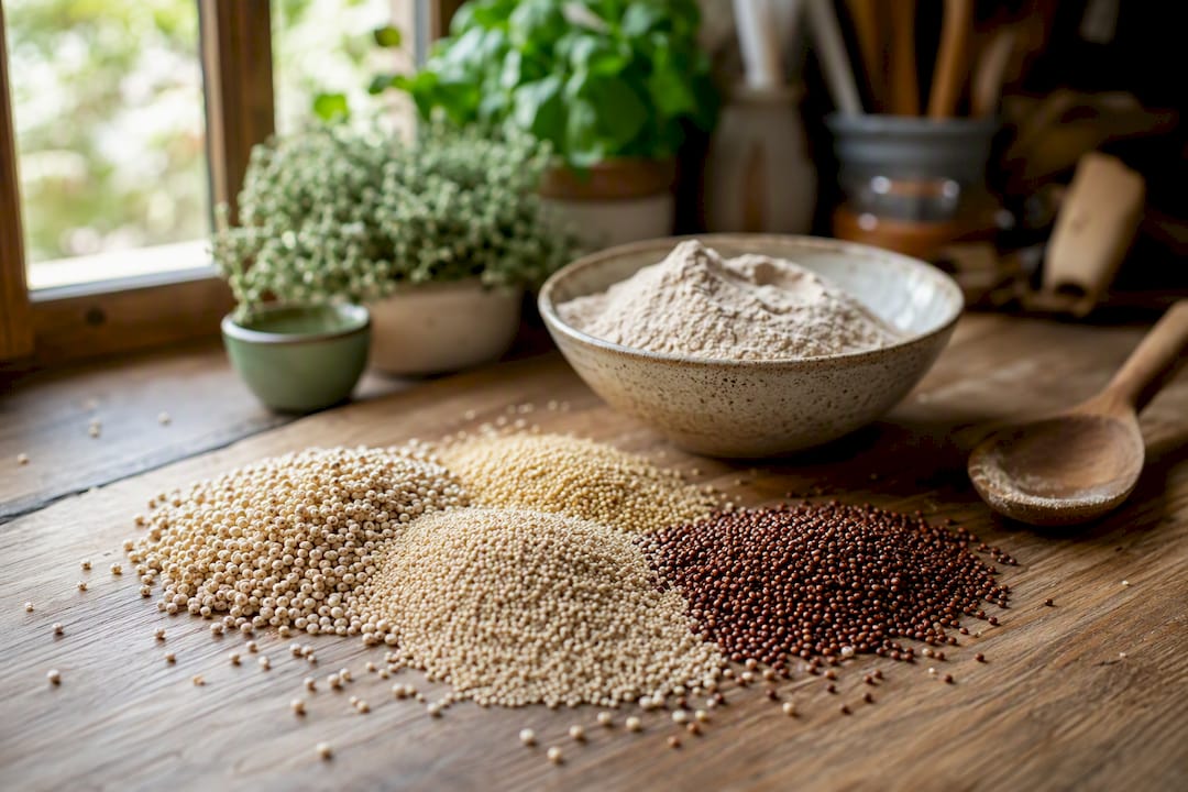 Raw gluten-containing grains on wooden board