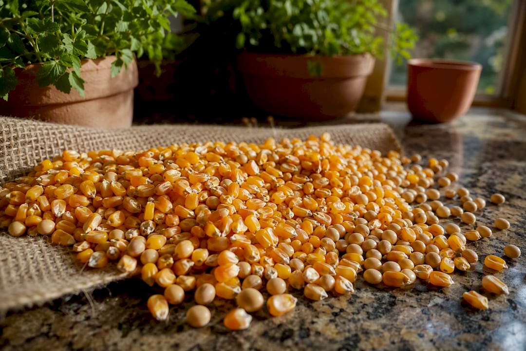 Close-up of corn and soy grains
