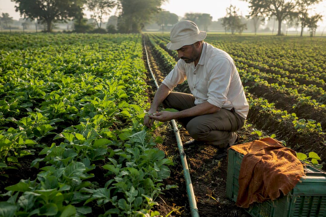 Farmer examining contrasting crop plots