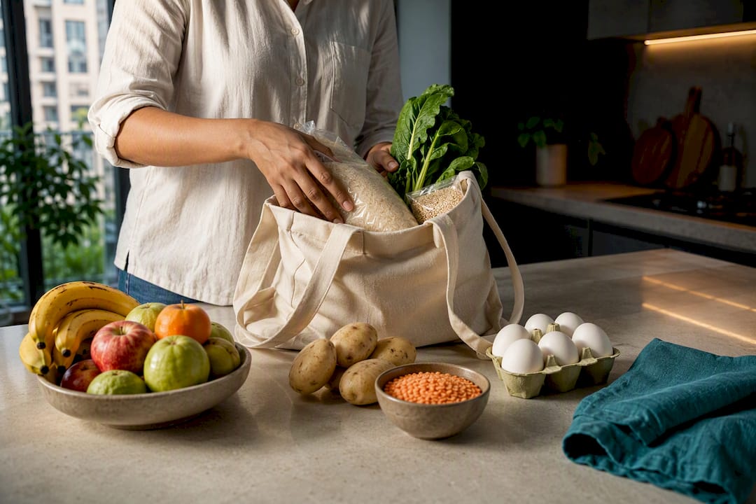 Hands arranging gluten-free grocery staples