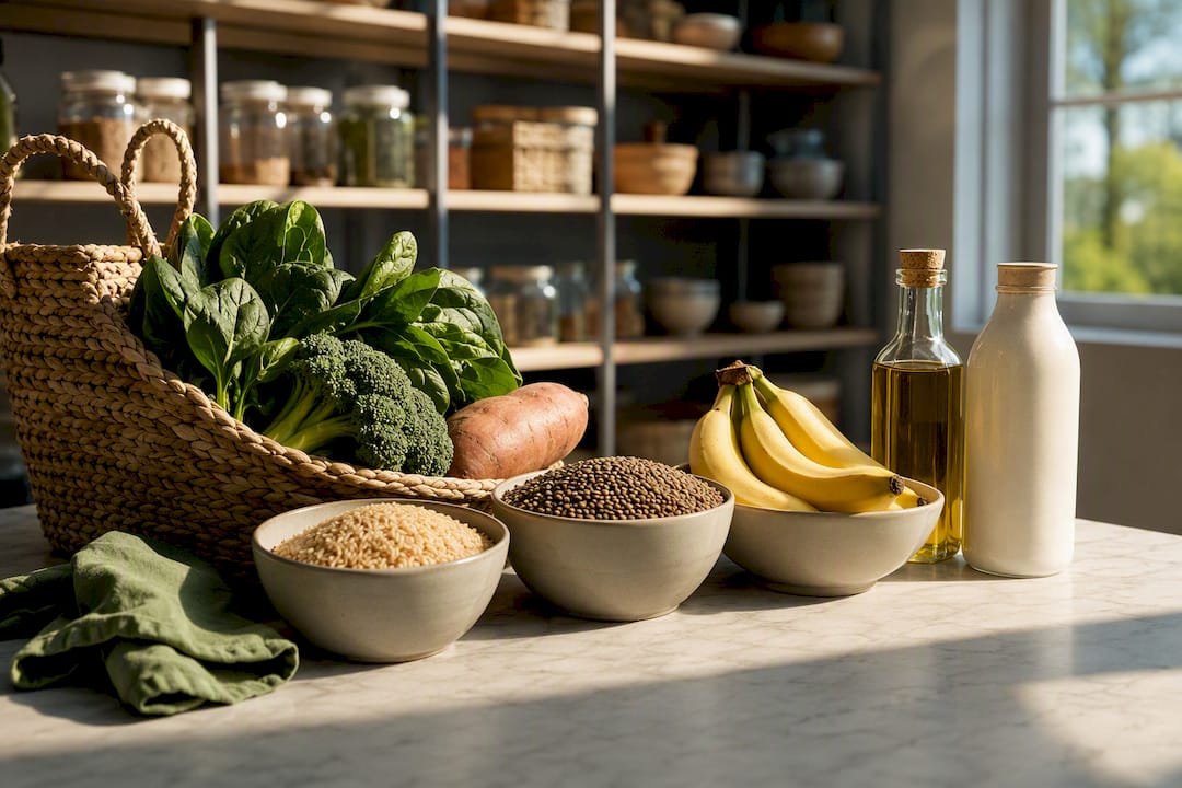 Eight plant-based grocery ingredients in pantry