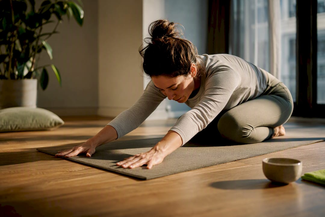 Adult practising slow mindful movement indoors