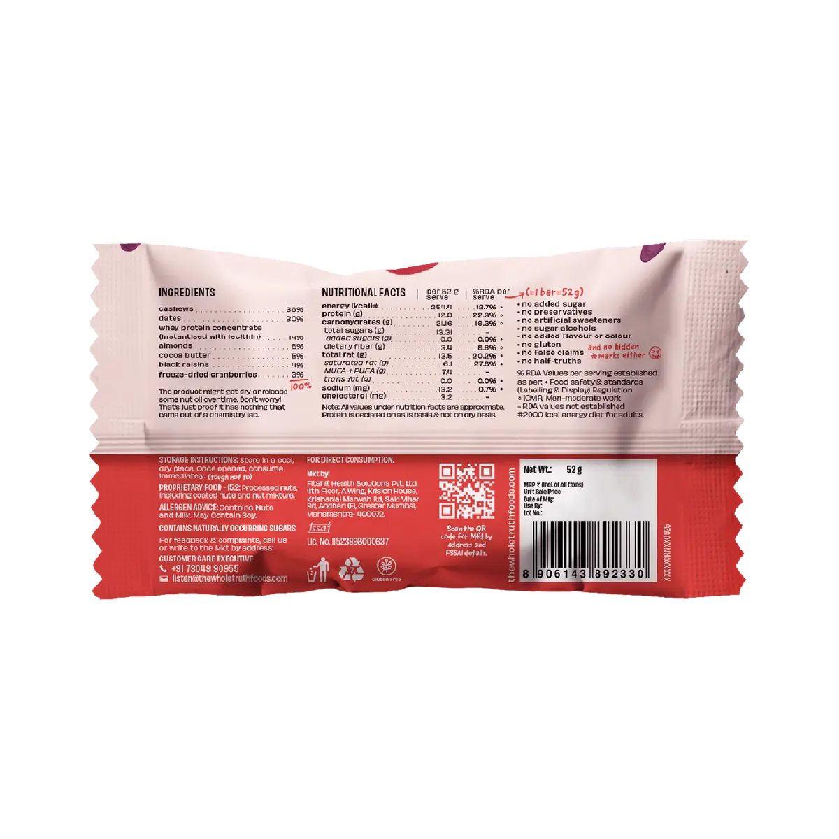 Protein Bar | Cranberry Raisin (12g Protein Bar)-No Added Sugar, No Added Flavour &amp; No Preservatives – The Whole Truth – 52gm