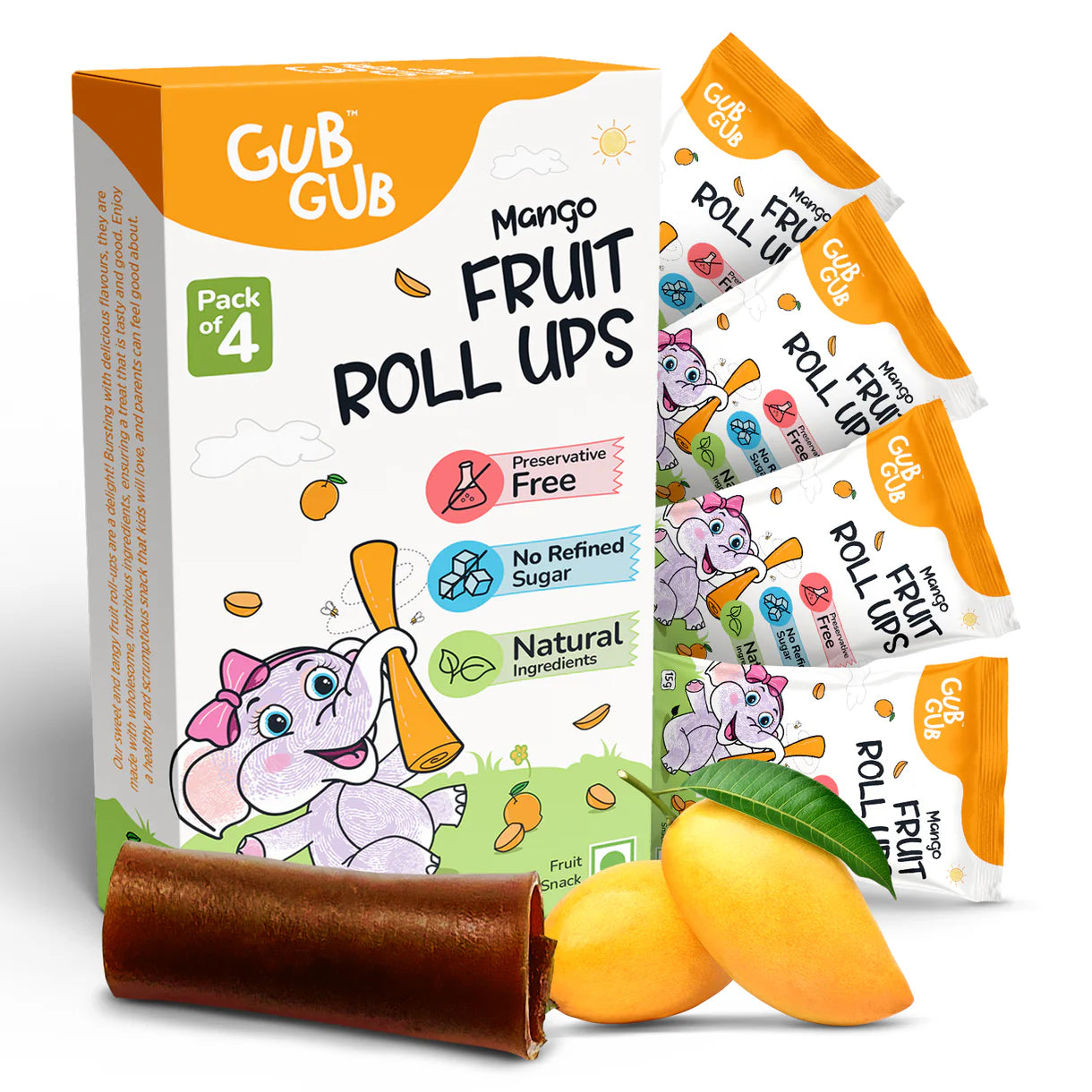 Fruit Roll-Ups| Mango Fruit Roll-Ups  – 12+ Months – Fruit Snack - All Natural Ingredients – No Added Preservatives &amp; No Refined Sugar – GUB GUB – Pack Of 4 -60gm