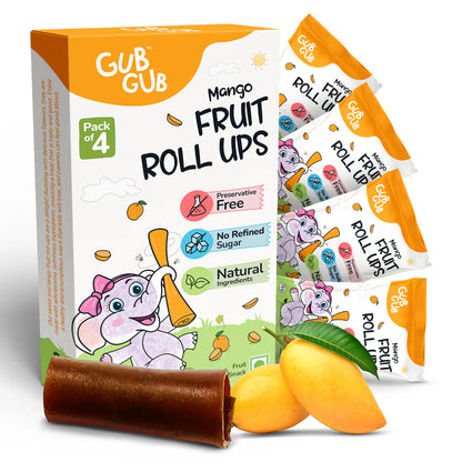 Fruit Roll-Ups| Mango Fruit Roll-Ups  – 12+ Months – Fruit Snack - All Natural Ingredients – No Added Preservatives &amp; No Refined Sugar – GUB GUB – Pack Of 4 -60gm