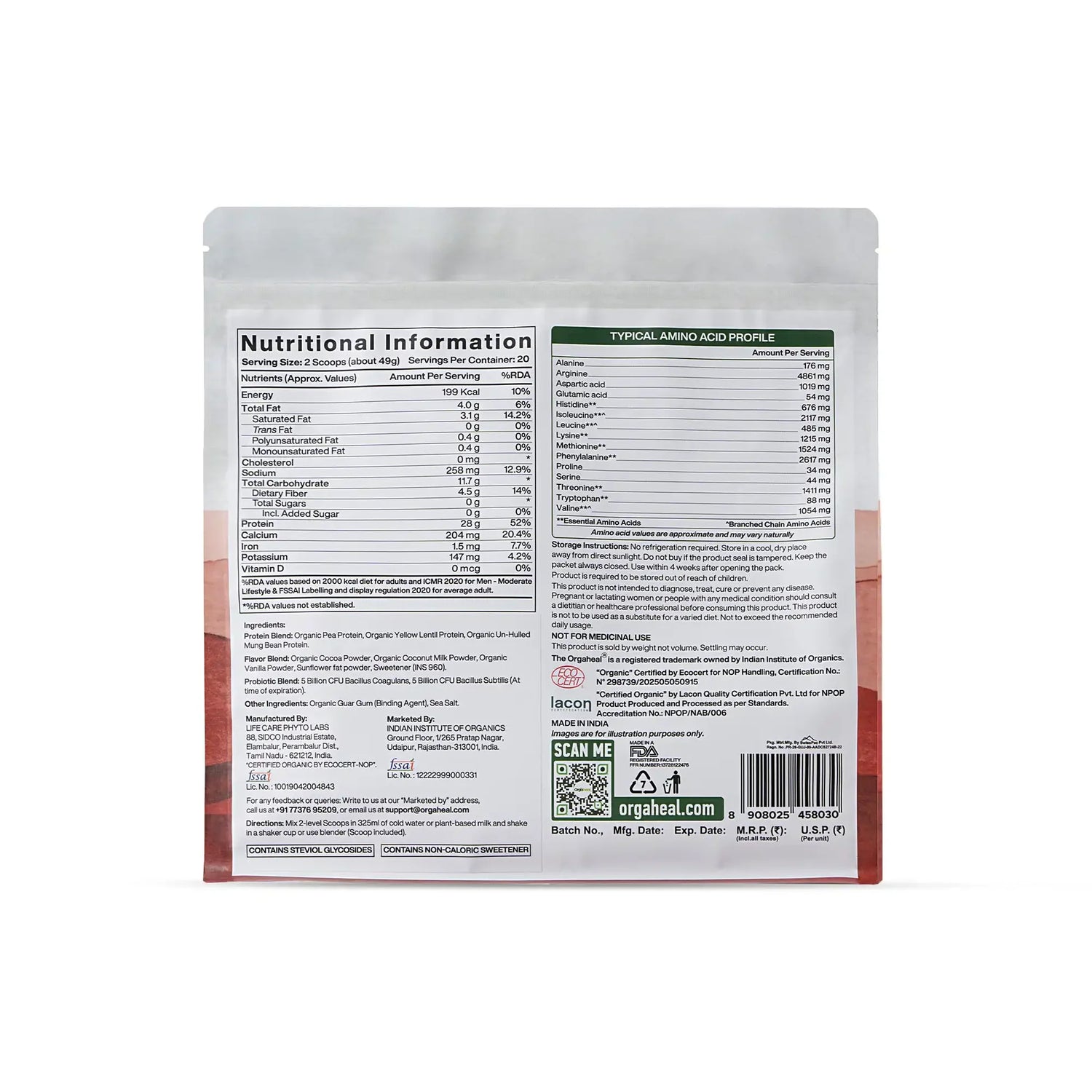 Protein Powder | Organic Plant-Based Protein Powder (Chocolate) - 28g Plant Protein -USDA Organic - Vegan, Gluten Free &amp; Dairy Free - Orgaheal - 980gm