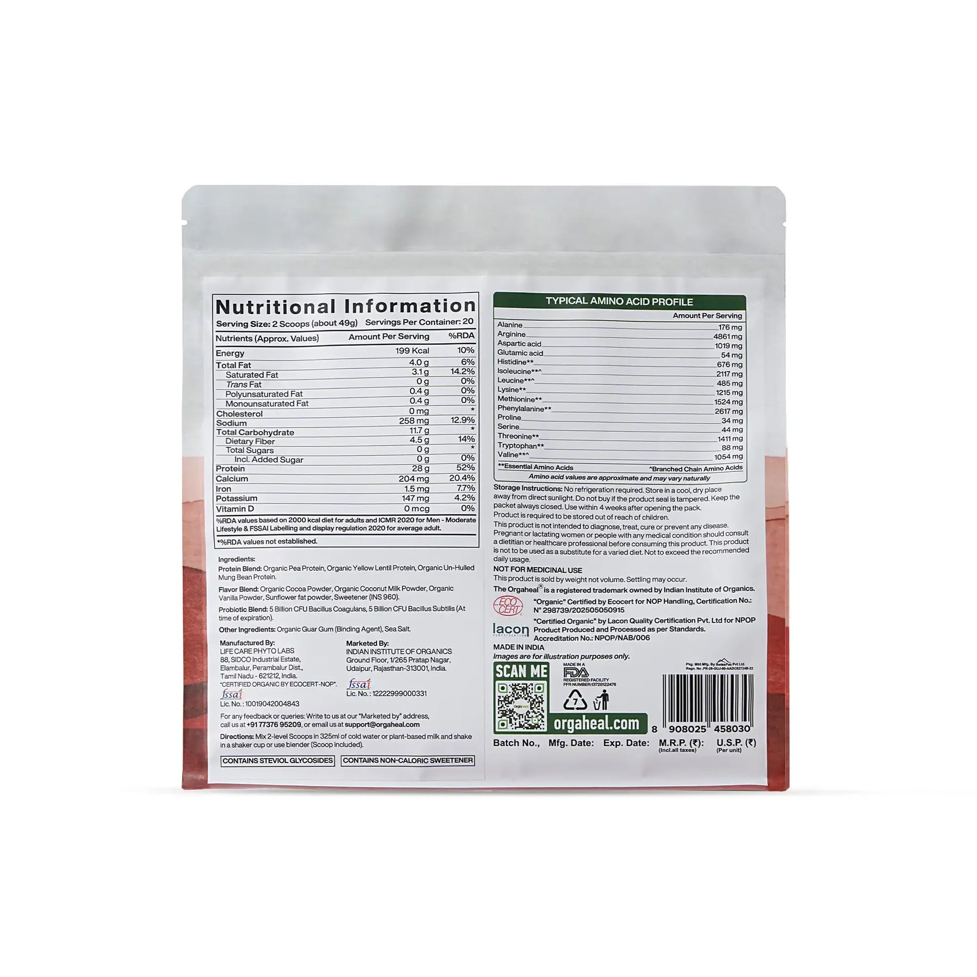 Protein Powder | Organic Plant-Based Protein Powder (Chocolate) - 28g Plant Protein -USDA Organic - Vegan, Gluten Free &amp; Dairy Free - Orgaheal - 980gm